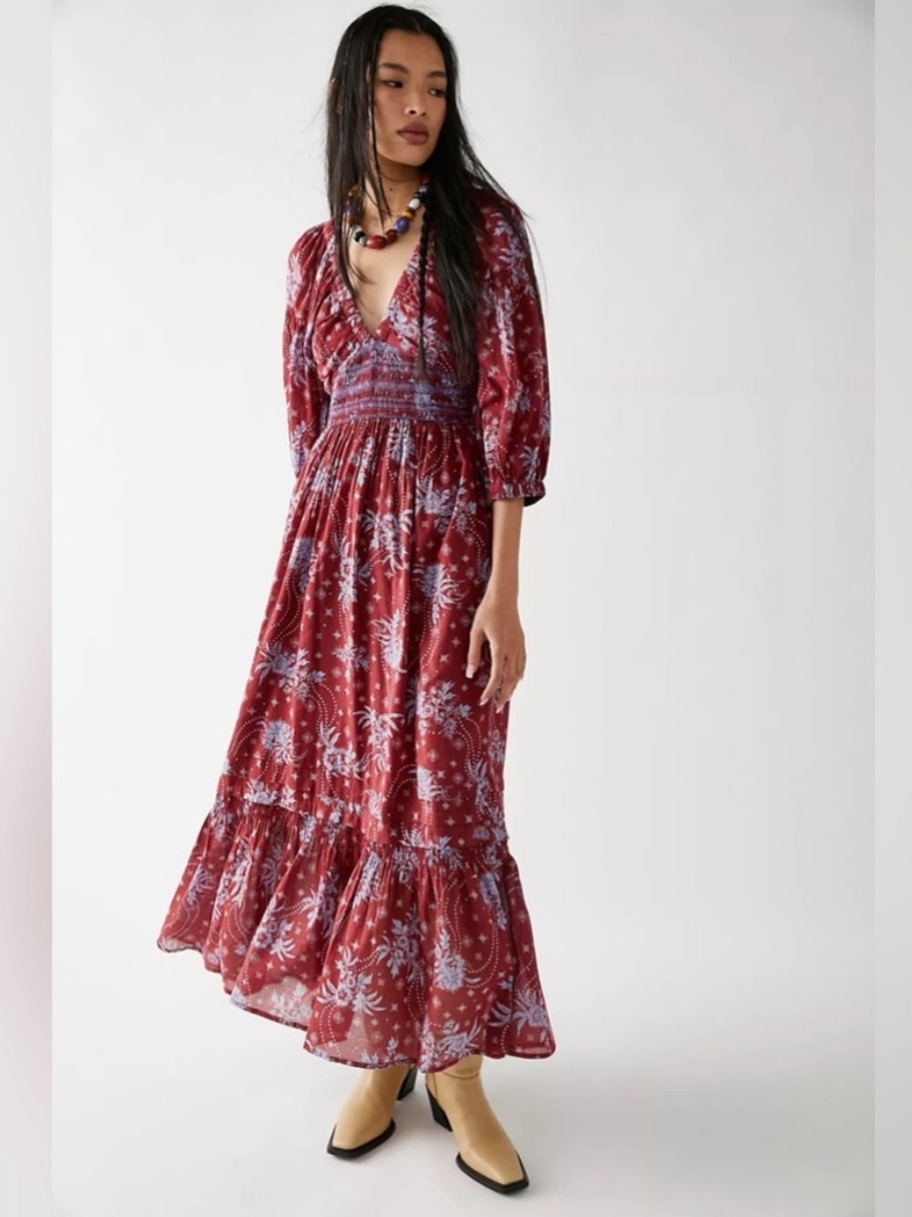 Free People Golden Hour Wine Combo Maxi Dress Red Blue Boho Cottagecore Gypsy M